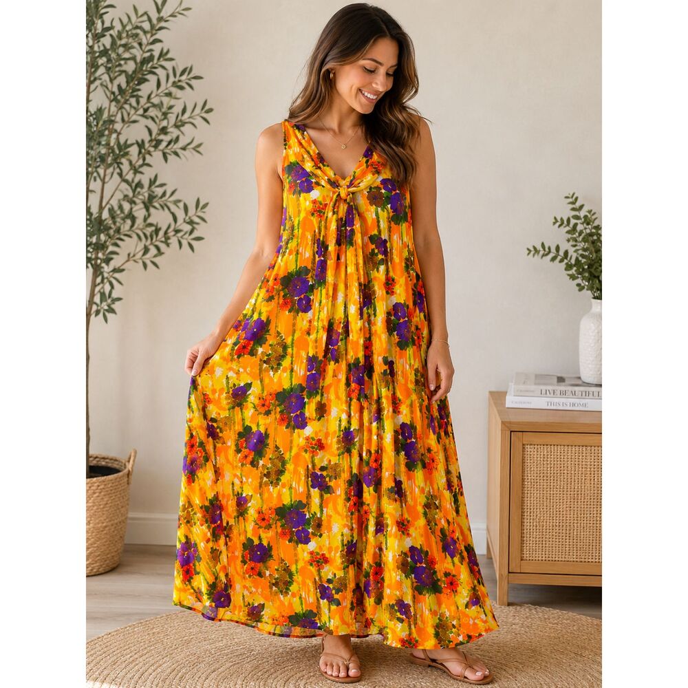 Vintage Hawaiian Tropical Summer Retro Beach Sleeveless Floral Maxi Dress
